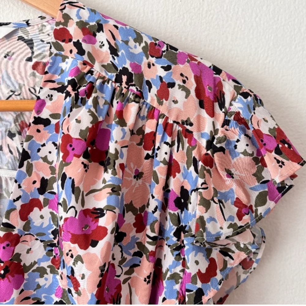 Veronica Beard Marla Ruched Floral Dress Short Flutter Sleeves Silk Blend Size 4 - Picture 6 of 16